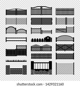 Vector set of fence.Chain, stone, brick, wooden, metal gate. Game design elements, Laser cut silhouettes collection .