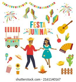 Vector set Festa Junina traditional Brazilian symbols of accordion, corn, guitar, sunflower, bonfire, fun dancing people, festive fireworks.