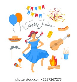 Vector set Festa Junina traditional Brazilian symbols of joy, dancing, guitar, street food, corn, bonfire, fun dancing woman, festive fireworks, hat, balloons.