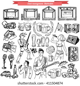 Vector set for festival in hand-drawn style. Woman with beer, appetizers, leaves and pretzels, barrel. Sound, music and light , microphone, spotlight, stage.