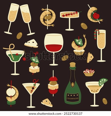 Vector set of festive alcoholic drinks and cocktails. Christmas and new year.