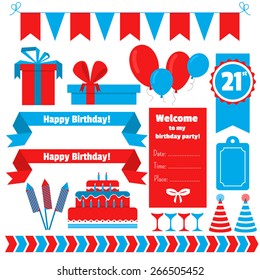 Vector set of festive birthday party elements. Flat design.