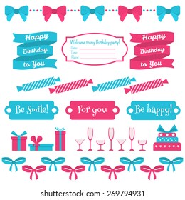 Vector set of festive birthday party elements. Flat design.