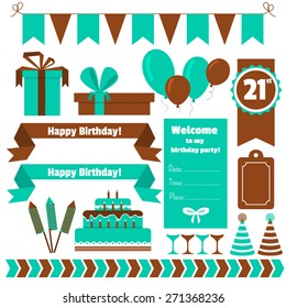 Vector set of festive birthday party elements. Flat design.