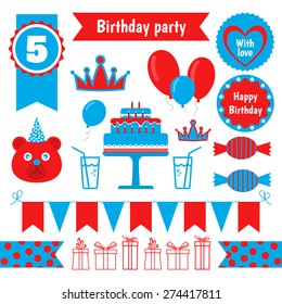 Vector set of festive birthday party elements. Flat design.