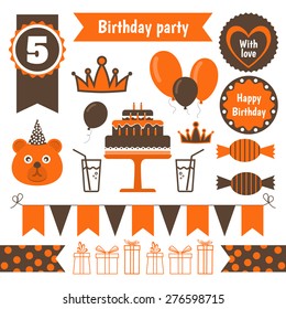 Vector set of festive birthday party elements. Flat design.