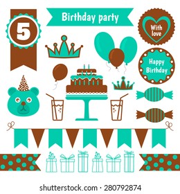 Vector set of festive birthday party elements. Flat design.