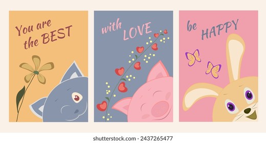 Vector set of Festive Cards with funny animals. Good for Happy birthday, Mothers day, Valentine's Day, Thanksgiving Day, Easter, Gift to friend, any holidays