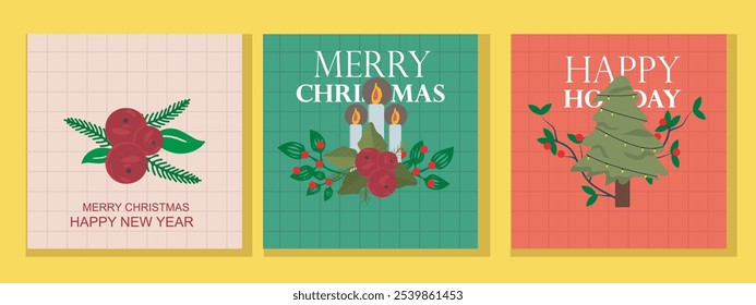 Conjunto de Vector de Navidades festivas y fondos del año Nuevo, decorado con Elementos de nieve, luces y adornos, perfecto para tarjetas de felicitación, redes sociales o decoración digital