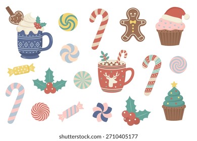 Conjunto vetorial de doces e bebidas festivas de Natal: canecas de cacau, bengalas doces, gengibre homem, azevinho e bolinhos de férias.