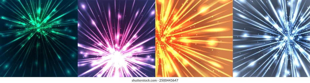 Vector set of festive colorful backgrounds with bright rays. Collection of backgrounds with sunbeams and sparks. Magic abstract backgrounds