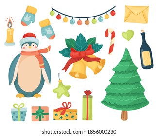 conjunto vectorial de elementos festivos para Navidad. animal lindo de año nuevo, regalos, árbol de Navidad, campanas. aislado de fondo blanco. objetos para vacaciones,celebración.colección para tarjeta de saludo,diseño.