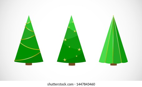 Vector Set of festive flat illustration of Christmas trees. Collection of Xmas three icons for design, web, cards, invitation, party, flyer, print. Cute vector winter illustration isolated on white.