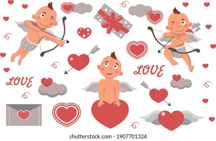 
vector set of festive images for valentine's day. Cupid, envelope, heart, gift, arrow