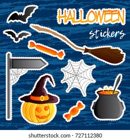 Vector set of festive stickers. Halloween theme. Traditional holiday symbol Jack o lantern, witch hat, broom, cauldron, bat, web. Abstract grunge blots background.