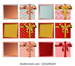 Vector set of festive top view gift open square boxes with ribbon and bow isolated on white background.