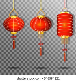  Vector set of  Festive traditional red  Chinese lanterns circular and cylindrical shape isolated on transparent background . vector illustration 