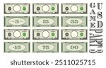 Vector set of fictional game paper money in style of US dollars. Gray obverse and green reverse of banknotes with denominations of 3, 15, 35, 45, 75 and 90. Empty round in center. Part 3