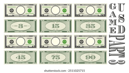 Vektorgrafik-Spiel Papier Geld im Stil von US-Dollar. Graue Vorderseite und grüne Rückseite der Banknoten mit den Stückelungen 3, 15, 35, 45, 75 und 90. In der Mitte leer. Teil 3