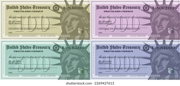 Vector set of fictitious color USA travelers cheques. The denomination of checks is 100, 200, 500 and 1000 dollars. Statue of Liberty head, seal and shield.