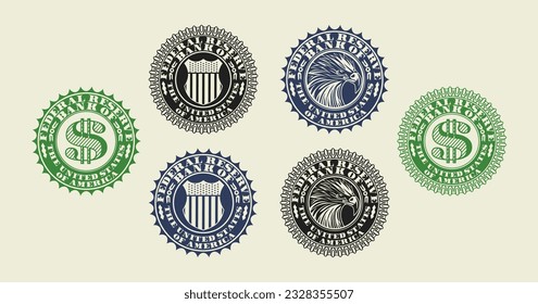 Vektorbestückte fiktive Finanzsiegeln. Dollar Symbol, Adler Kopf und Schild mit Sternen. US Federal Reserve Bank. Symbol, Aufkleber oder Emblem.