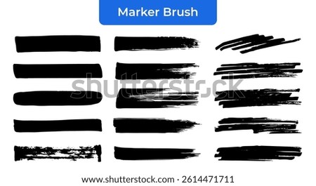Vector Set of Fifteen Black Marker Brush Strokes with Hand-Drawn Style