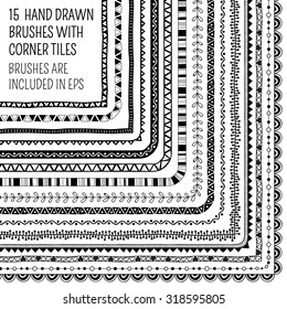 Vector set of fifteen hand drawn brushes with corner tiles. Seamless pattern of different colors for frames, borders and design elements. Vector isolated illustration. Brushes are included in eps.