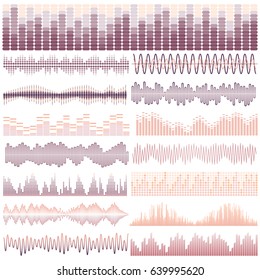 Vector set of fifteen sound waves. Audio equalizer. Sound & audio waves isolated on white background.