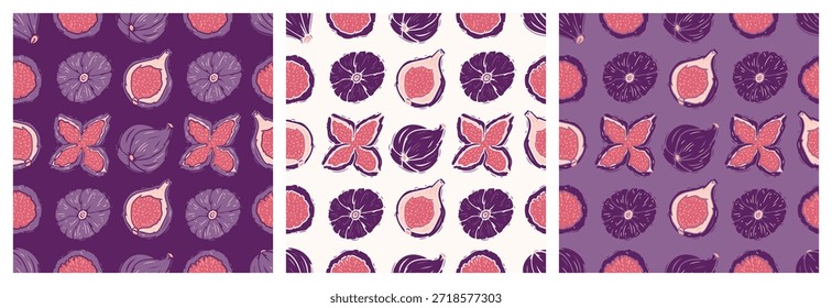 Conjunto de Vector de patrones de azulejos púrpura sin fisuras de higos. Fondos de frutas vibrantes. Dibujo a mano. No es IA