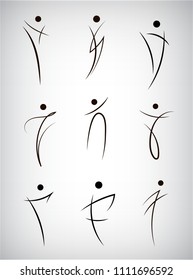 Vector set of figure line silhouette logos, human, men, sport and dancing signs. Abstract stylized people body