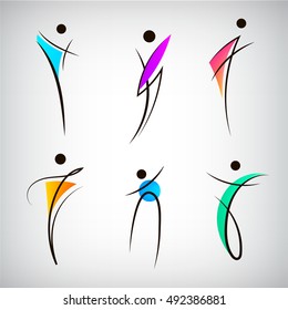 Vector set of figure line silhouette logos, human, men, sport and dancing signs. Abstract stylized people body