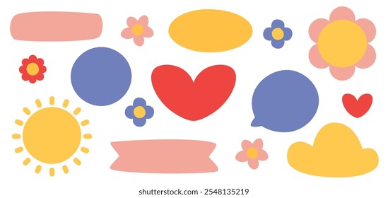 Vector conjunto de figuras de diferentes Formas, de color, figura en forma de corazón, sol, nube, flor, círculo. Lindas pegatinas de forma simple, elemento de diseño adecuado para Anuncios, impresiones, pegatinas.