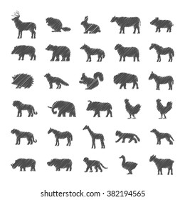 Vector set of figures of domestic and wild animals. Black silhouettes of animals. Deer, beaver, sheep, horse, fox, bison, lion, buffalo, panther, giraffe, monkey and other animals.