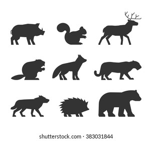 Vector set figures of wild animals isolated on white background. Black silhouettes boar, squirrels, deer, beaver, fox, puma, wolf, hedgehog and bear.