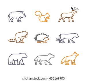 Vector set figures of wild animals isolated on white background. Line silhouettes boar, squirrels, deer, beaver, fox, puma, wolf, hedgehog and bear.