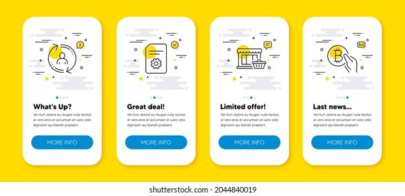 Vector set of File settings, User info and Marketplace line icons set. UI phone app screens with line icons. Bitcoin pay icon. File management, Update profile, Shopping store. Vector