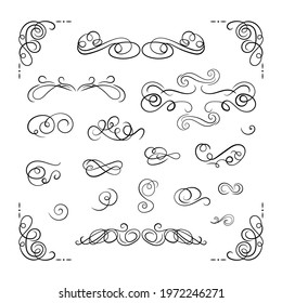 Vector set of filigree swirls, black lines isolated on white background, vintage design, elements collection.