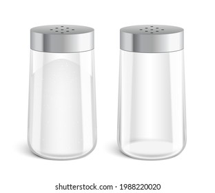 Vector set of filled and empty salt shaker bottles, isolated on a white background.