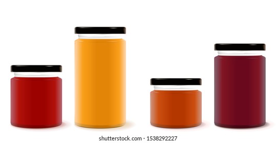 Vector. Set of filled-up jars. Isolated on white background. Different height and colors. Suits for your label design testing.