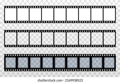 Vector set of film strips png. Retro film roll on isolated transparent background. Photographic film in retro style. Curved film strip png.