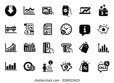 Vector Set of Finance icons related to Financial app, Accounting and Sales diagram icons. Calendar, Diagram graph and Credit card signs. Discount tags, Loyalty points and Discounts bubble. Vector