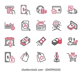 Vector Set of Finance icons related to Loyalty program, Receive money and Sale tags icons. Fast payment, Budget and Manager signs. Market seller, Credit card and Usd currency. Savings. Vector