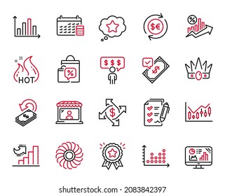 Vector Set of Finance icons related to Analytics graph, Calendar and Fan engine icons. Loyalty star, Sale bags and Hot sale signs. Cashback, Survey checklist and Market seller. Crown. Vector