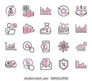 Vector Set of Finance icons related to Upper arrows, Cashback and Money loss icons. Loyalty card, Loyalty star and Credit card signs. Demand curve, Meeting and Savings. Graph, Column chart. Vector