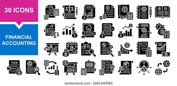 Vector set of financial accounting glyph collection. Containing financial, accounting, business, tax, cost