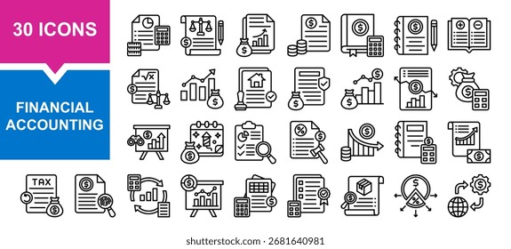 Vector conjunto de colección de línea contable financiera. Contiene información financiera, contable, comercial, fiscal y de costes