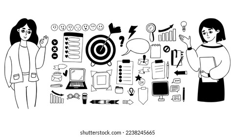 Vector set financial and business icons and business woman. Cute girl with documents and hand gesture ok, laptop and online messages, target, arrow, strategy and success. Isolated linear hand doodles.