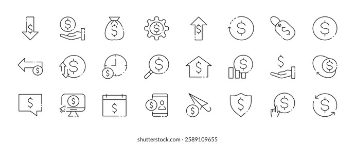 Vector set of financial and economic line icons for business use.