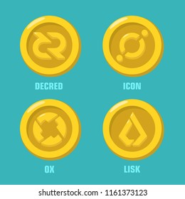 Vector set financial icon coin icon with crypto currency sign: Decred cryptocurrency; Icon (icx) coin; 0x (zrx) cryptocash; Lisk virtual money. Coins in a flat style.