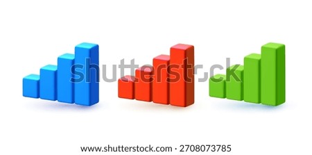 Vector set of financial realistic illustration of different color data bar chart. 3d cartoon style design of business step graph icon. Different level growth scale graph for bank, finance and logo